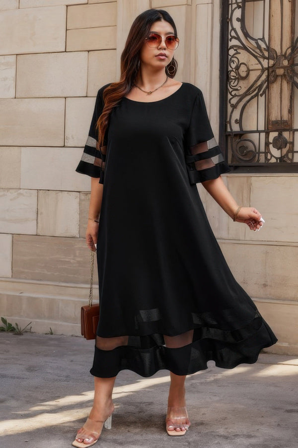 Plus Size Mesh Splicing Round Neck Long Dress - | SmartBuyApparel