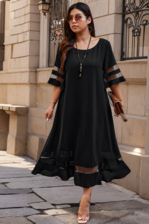Plus Size Mesh Splicing Round Neck Long Dress - | SmartBuyApparel