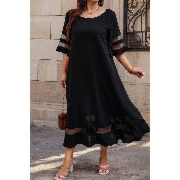 Plus Size Mesh Splicing Round Neck Long Dress - | SmartBuyApparel