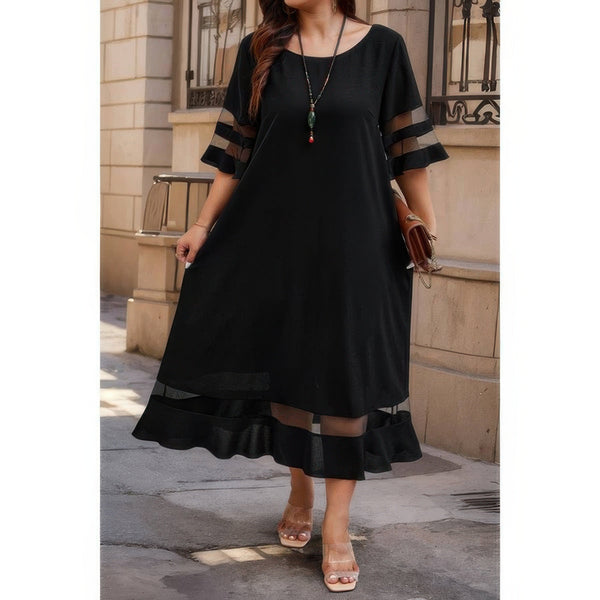Plus Size Mesh Splicing Round Neck Long Dress - | SmartBuyApparel