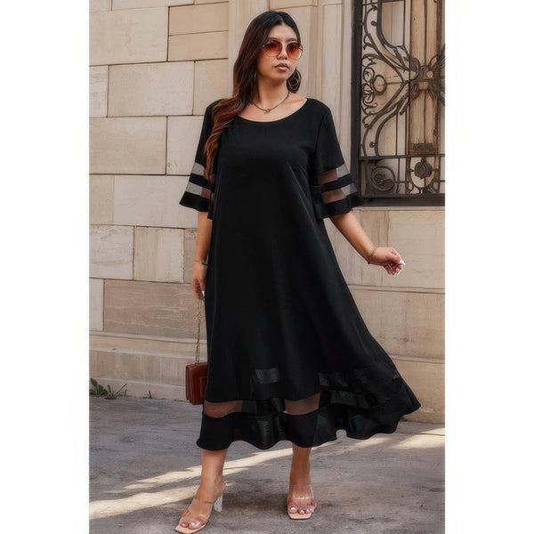 Plus Size Mesh Splicing Round Neck Long Dress - | SmartBuyApparel