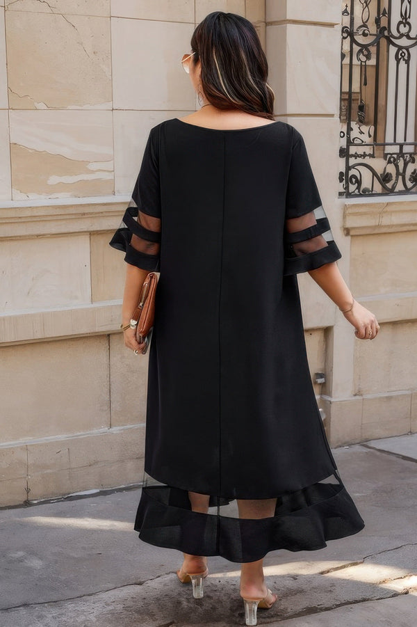 Plus Size Mesh Splicing Round Neck Long Dress - | SmartBuyApparel