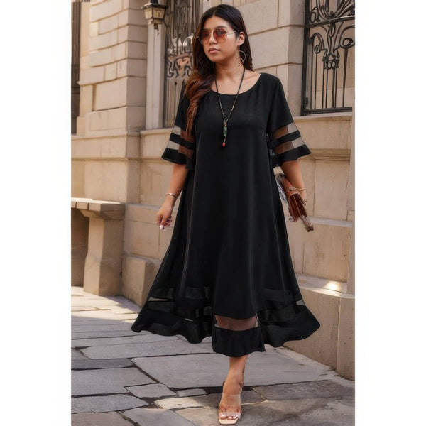 Plus Size Mesh Splicing Round Neck Long Dress - | SmartBuyApparel