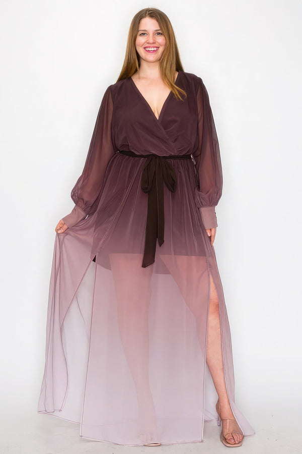 Plus Size Ombre Chiffon Wrap Front Long Sleeve Tie Waist Slit Front Maxi Dress - Dress - SmartBuyApparel