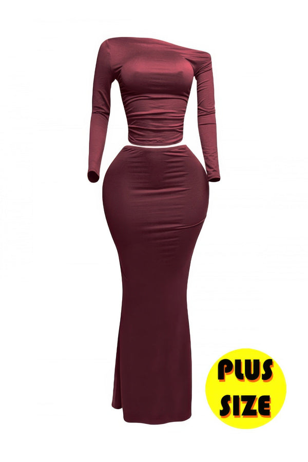 Plus Size One Side Off Shoulder Top & Skirt Set - | SmartBuyApparel