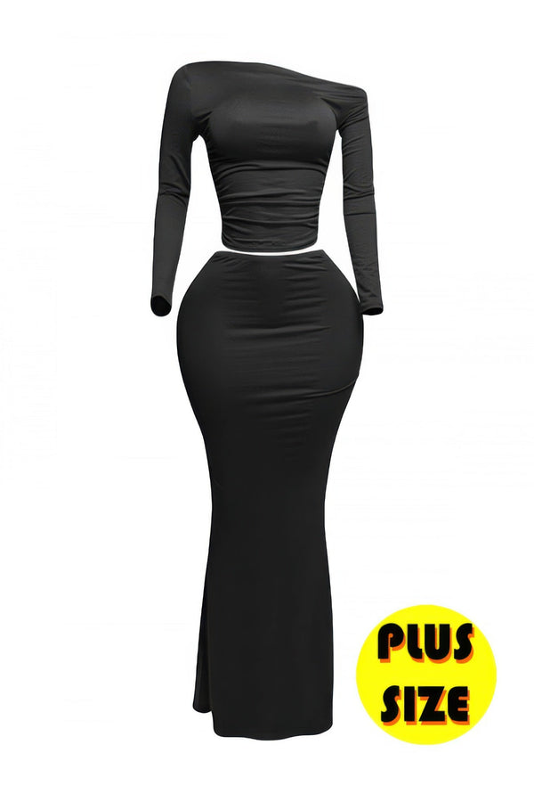 Plus Size One Side Off Shoulder Top & Skirt Set - | SmartBuyApparel