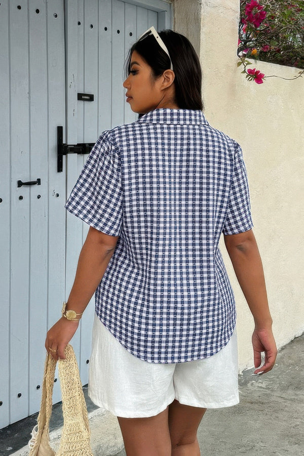 Plus Size Plaid Pocket Short Sleeve Loose Blouse - | SmartBuyApparel
