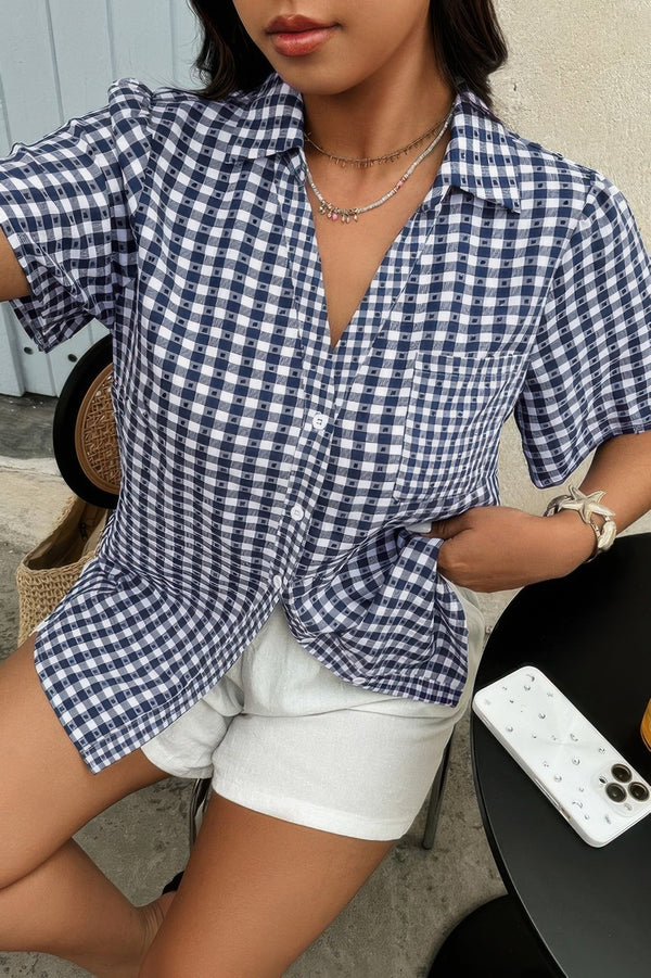 Plus Size Plaid Pocket Short Sleeve Loose Blouse - | SmartBuyApparel