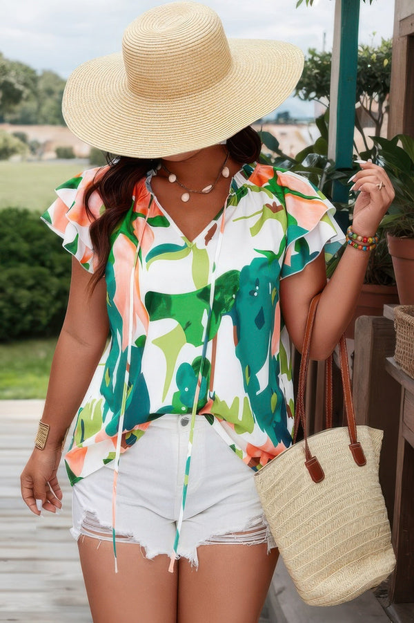 Plus Size Print Knot Neck Ruffle Fit Top - | SmartBuyApparel