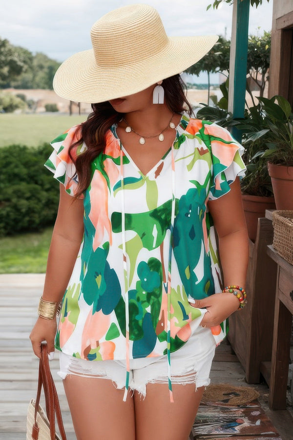 Plus Size Print Knot Neck Ruffle Fit Top - | SmartBuyApparel