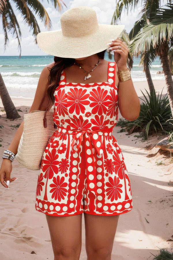 Plus Size Random Printed Belt Sleeveless Romper - | SmartBuyApparel