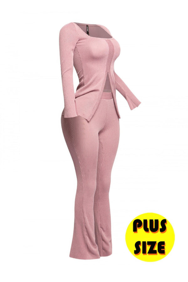 Plus Size Ribbed Pant Set With Slit Detail - | SmartBuyApparel