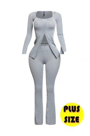 Plus Size Ribbed Pant Set With Slit Detail - | SmartBuyApparel