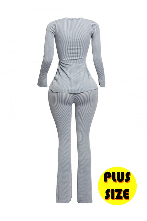 Plus Size Ribbed Pant Set With Slit Detail - | SmartBuyApparel