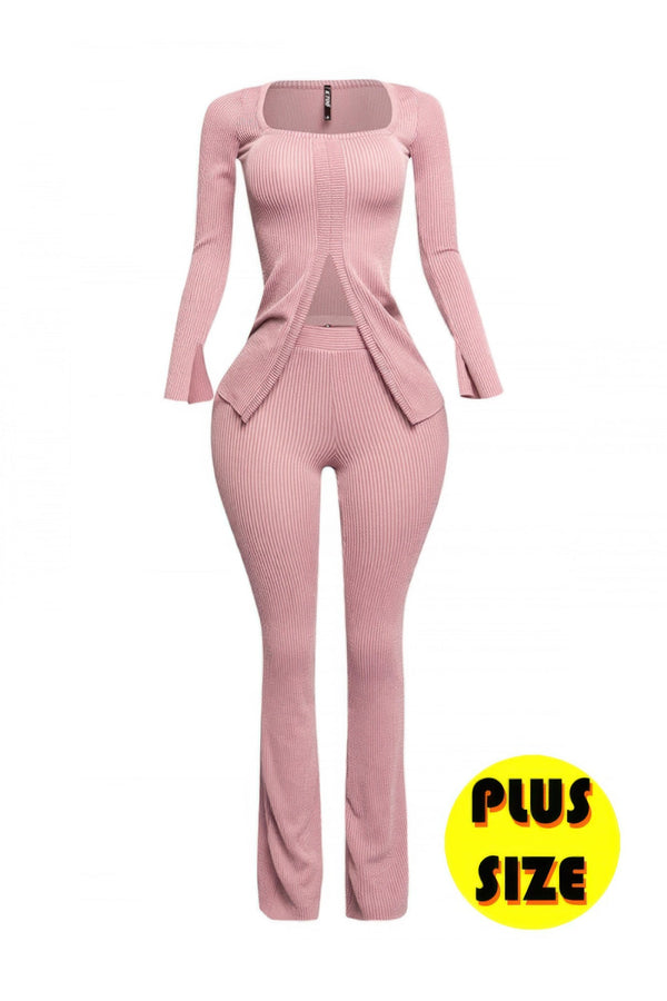 Plus Size Ribbed Pant Set With Slit Detail - | SmartBuyApparel