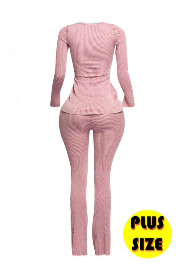 Plus Size Ribbed Pant Set With Slit Detail - | SmartBuyApparel
