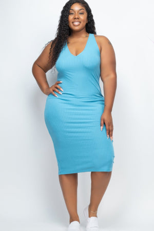 Plus Size Ribbed Sleeveless Bodycon Midi Dress - Dress - SmartBuyApparel