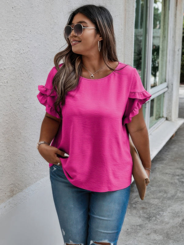 Plus Size Round Neck Ruffle Solid Loose Shirt - | SmartBuyApparel