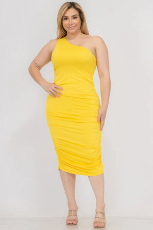 Plus Size Sexy Solid Color Ruched One Shoulder Midi Bodycon Dress - Dress - SmartBuyApparel