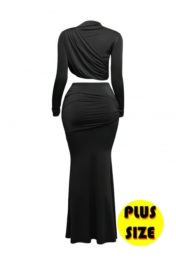 Plus Size Shirring Detailed Top & Long Skirt Set - | SmartBuyApparel