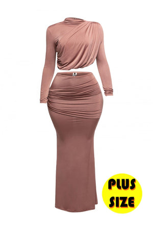 Plus Size Shirring Detailed Top & Long Skirt Set - | SmartBuyApparel