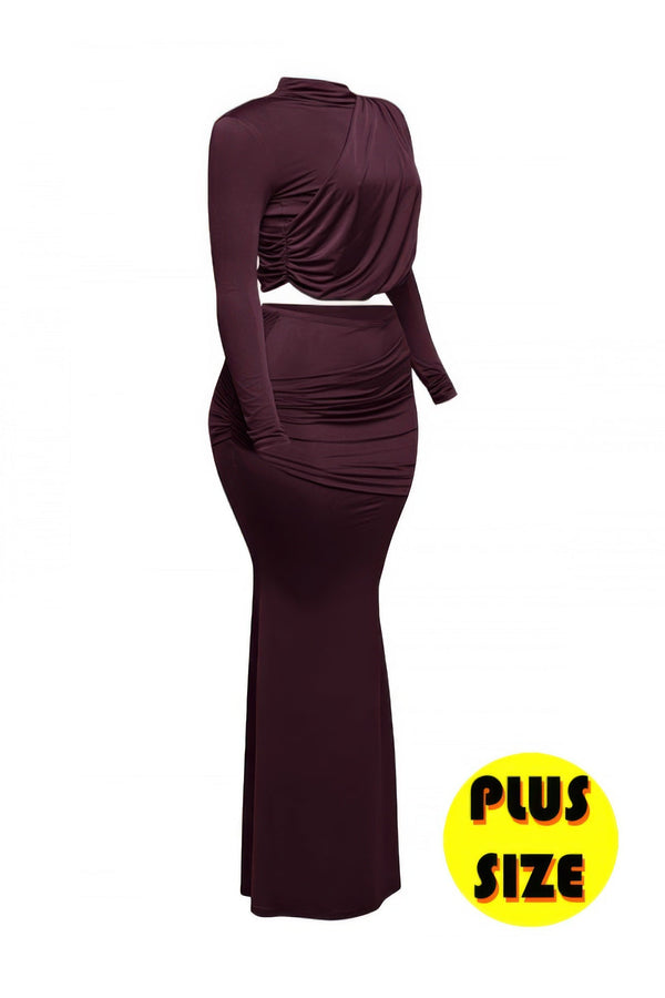 Plus Size Shirring Detailed Top & Long Skirt Set - | SmartBuyApparel