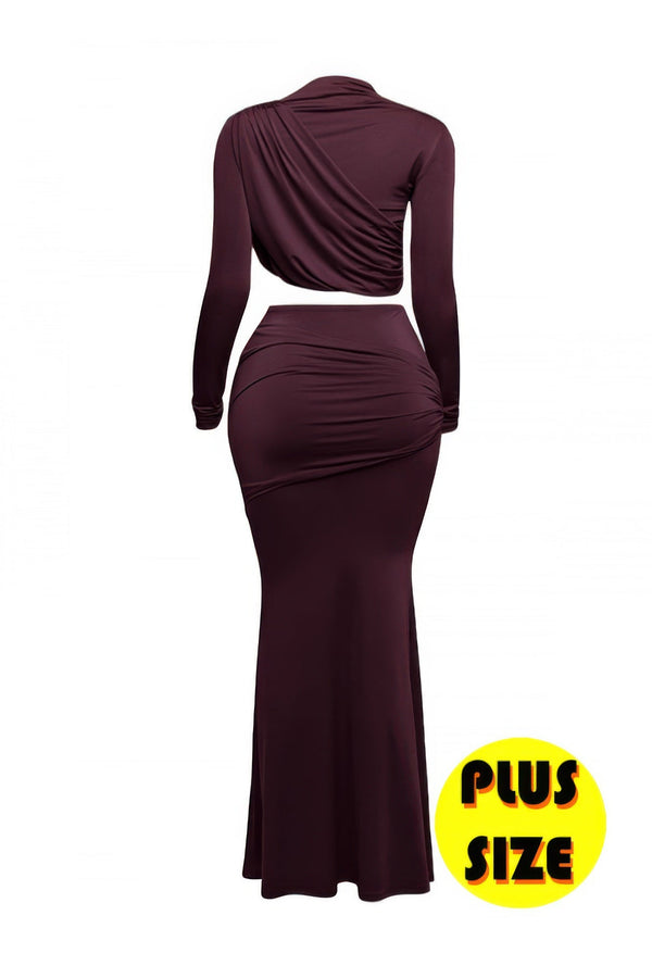 Plus Size Shirring Detailed Top & Long Skirt Set - | SmartBuyApparel