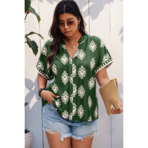 Plus Size Short Sleeve V Neck Printed Blouse - | SmartBuyApparel