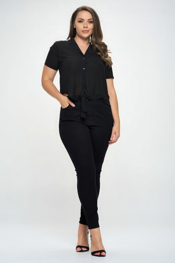 Plus Size Solid Chiffon Button Down Tie Front Short Sleeve Top - Women's top - SmartBuyApparel