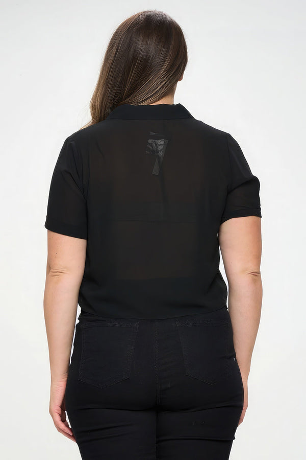 Plus Size Solid Chiffon Button Down Tie Front Short Sleeve Top - Women's top - SmartBuyApparel
