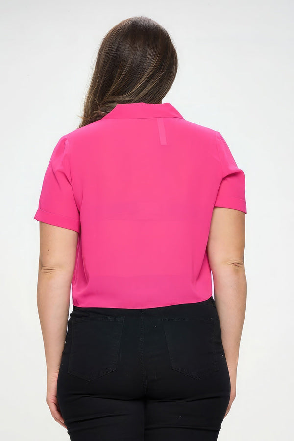 Plus Size Solid Chiffon Button Down Tie Front Short Sleeve Top - Women's top - SmartBuyApparel