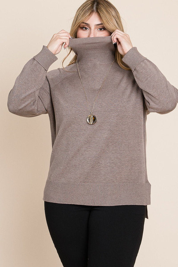Plus Size Solid Knit Turtleneck Two Tone High Low Hem Sweater - Women's sweater - SmartBuyApparel