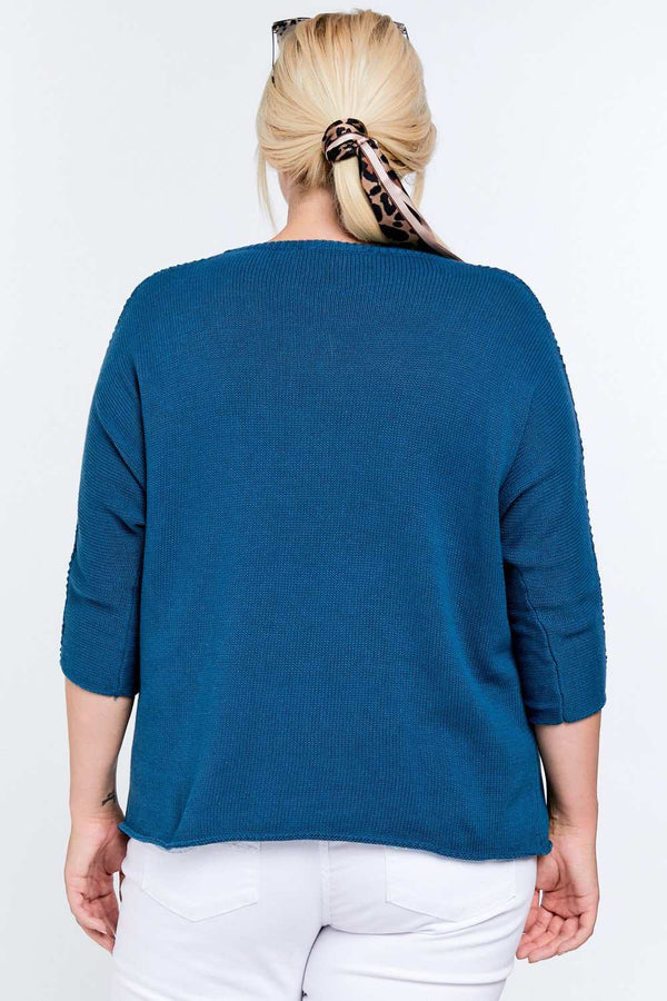 Plus Size Solid Round Neck 3/4 Sleeve Sweater Top - Women's sweater - SmartBuyApparel
