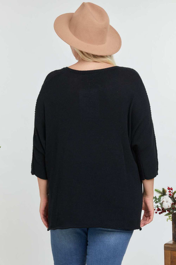 Plus Size Solid Round Neck 3/4 Sleeve Sweater Top - Women's sweater - SmartBuyApparel