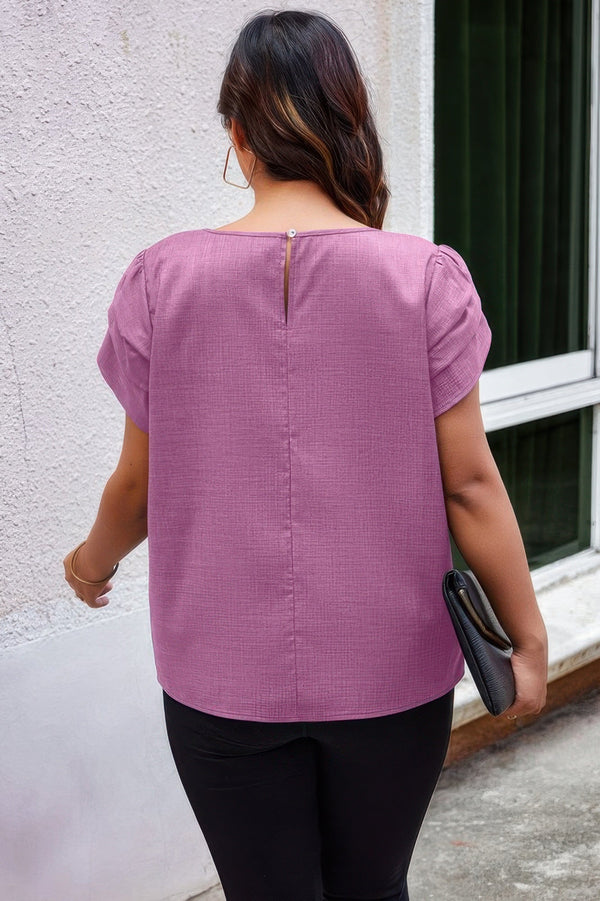 Plus Size Solid Round Neck Fold Short Sleeve Shirt - | SmartBuyApparel