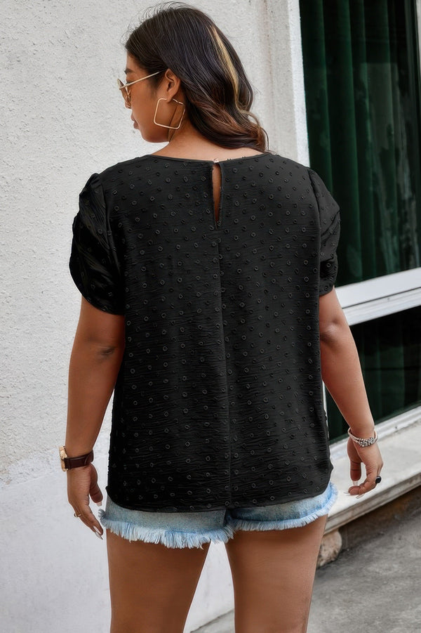 Plus Size Solid Swiss Dots Short Sleeve Blouse - | SmartBuyApparel