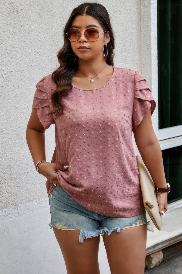 Plus Size Solid Swiss Dots Short Sleeve Blouse - | SmartBuyApparel