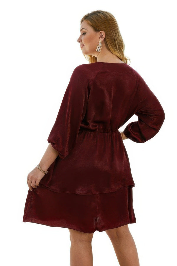 Plus Size Solid V Neck Ruffled Hem Dress - | SmartBuyApparel