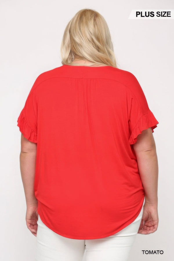 Plus - Size Solid Viscose Knit Surplice Top With Ruffle Sleeve - Women's top - SmartBuyApparel