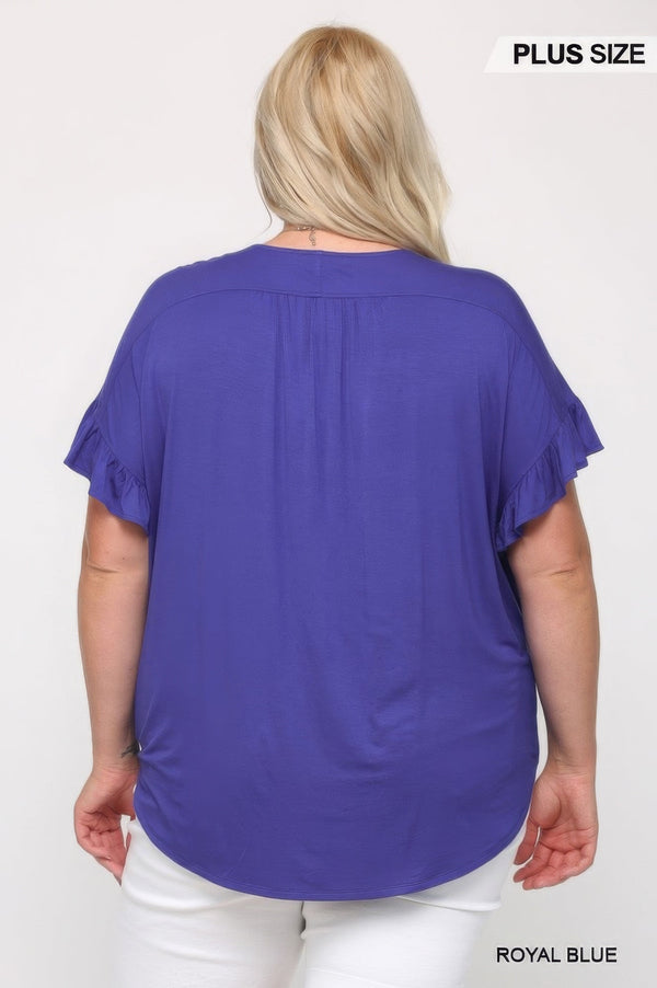 Plus - Size Solid Viscose Knit Surplice Top With Ruffle Sleeve - Women's top - SmartBuyApparel