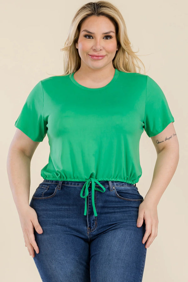 Plus Size Tie Front Drawstring Short Sleeve Crop Top - women's shirt - SmartBuyApparel