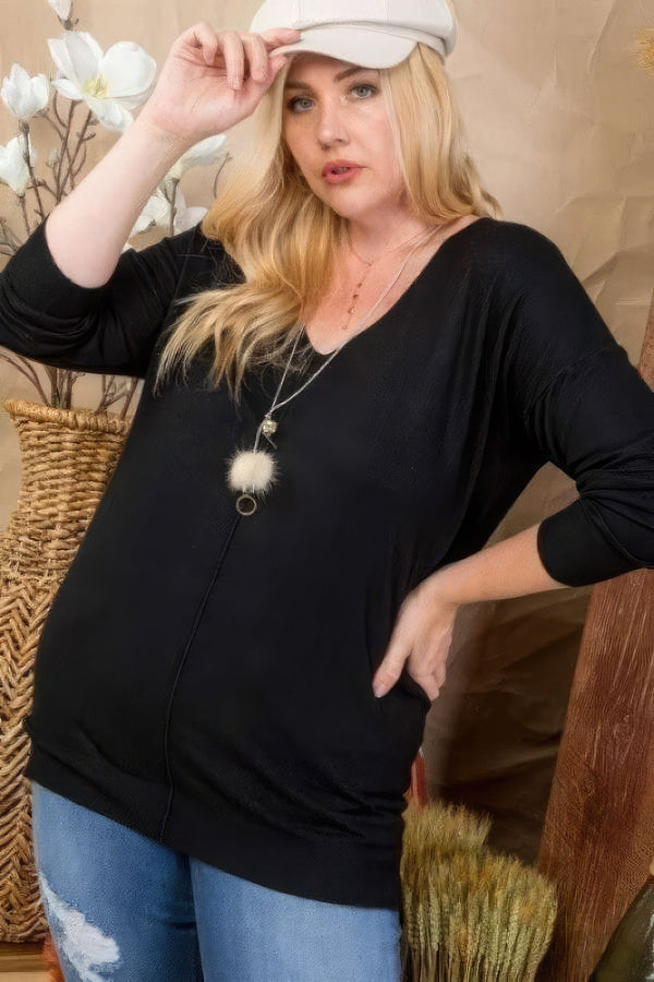 Plus Size V - Neck 3/4 Sleeve Side Slit Hi - Lo Sweater - Women's sweater - SmartBuyApparel
