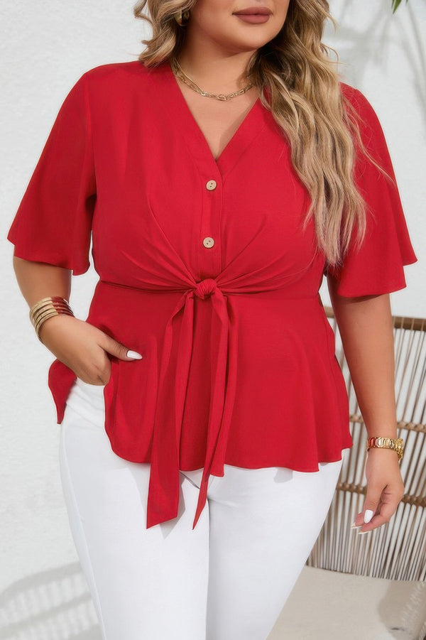 Plus Solid Butterfly Sleeve Knot Front Peplum Shirt - | SmartBuyApparel
