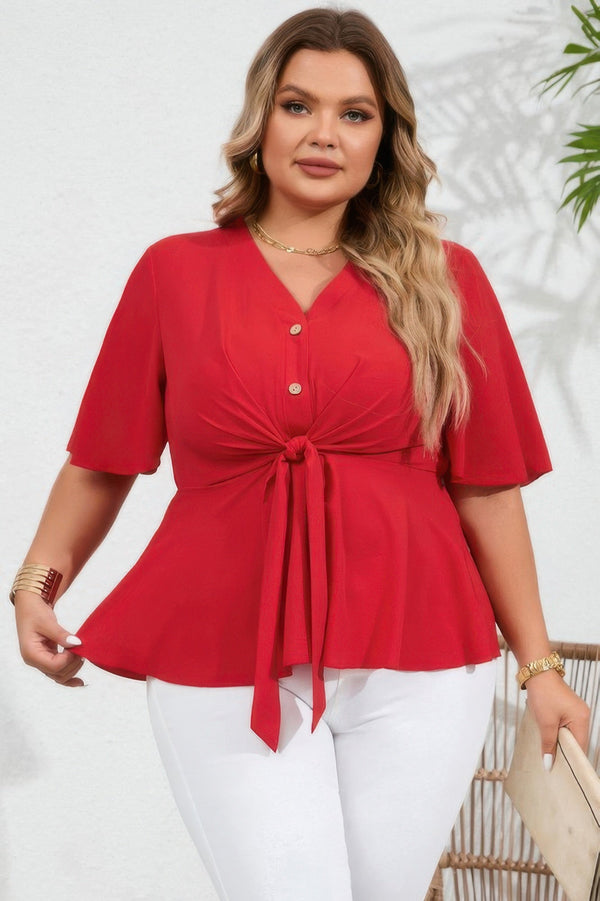 Plus Solid Butterfly Sleeve Knot Front Peplum Shirt - | SmartBuyApparel