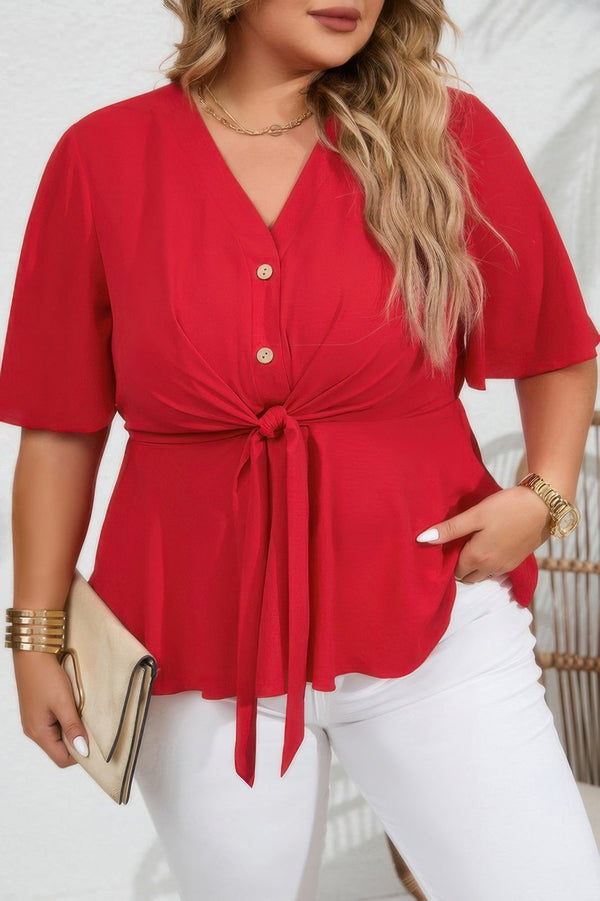 Plus Solid Butterfly Sleeve Knot Front Peplum Shirt - | SmartBuyApparel