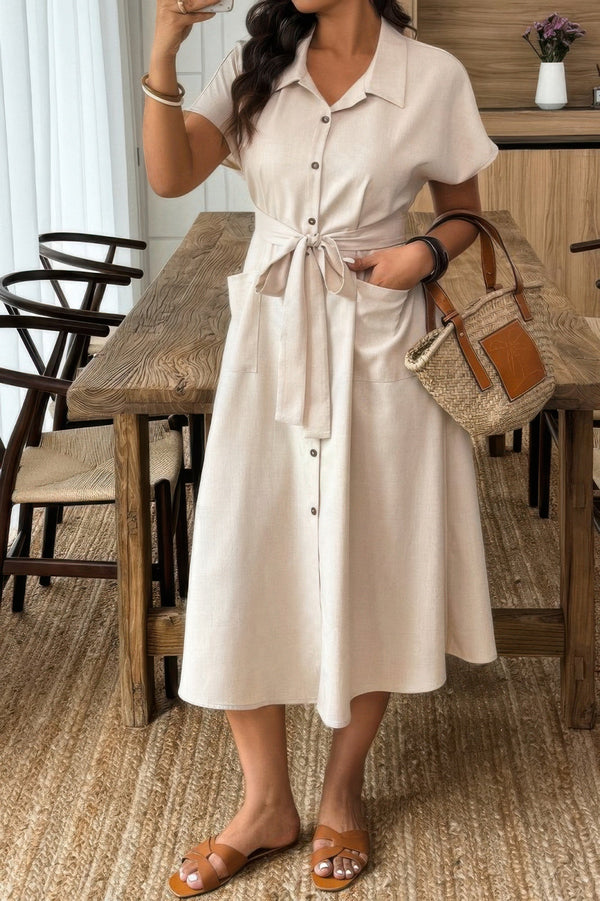 Plus Solid Button Down Straight Belted Shirt Dress - | SmartBuyApparel