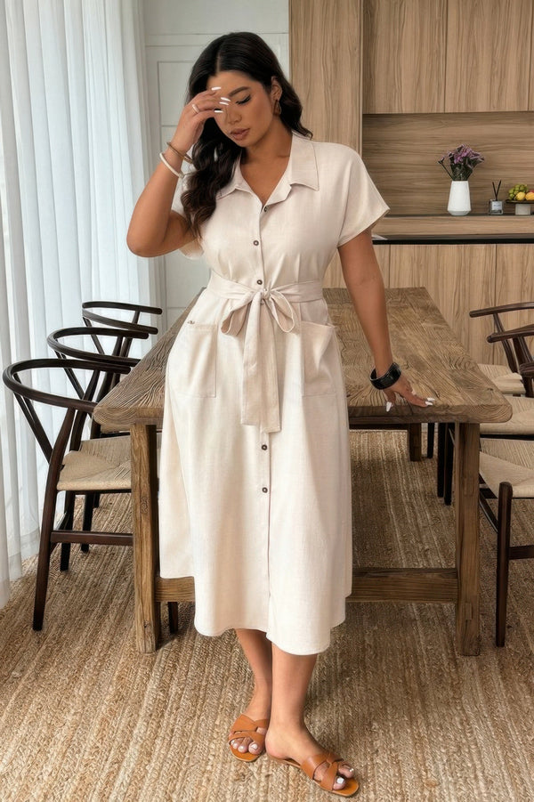Plus Solid Button Down Straight Belted Shirt Dress - | SmartBuyApparel