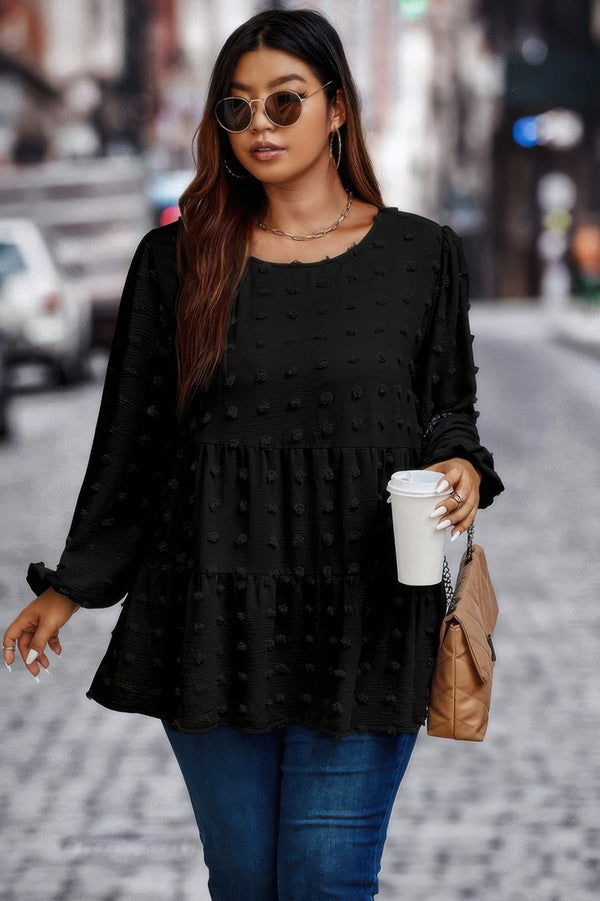 Plus Swiss Dot Round Neck Ruffle Hem Blouse - | SmartBuyApparel