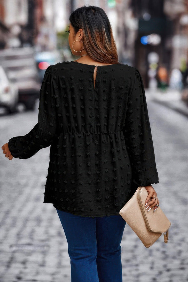 Plus Swiss Dot Round Neck Ruffle Hem Blouse - | SmartBuyApparel
