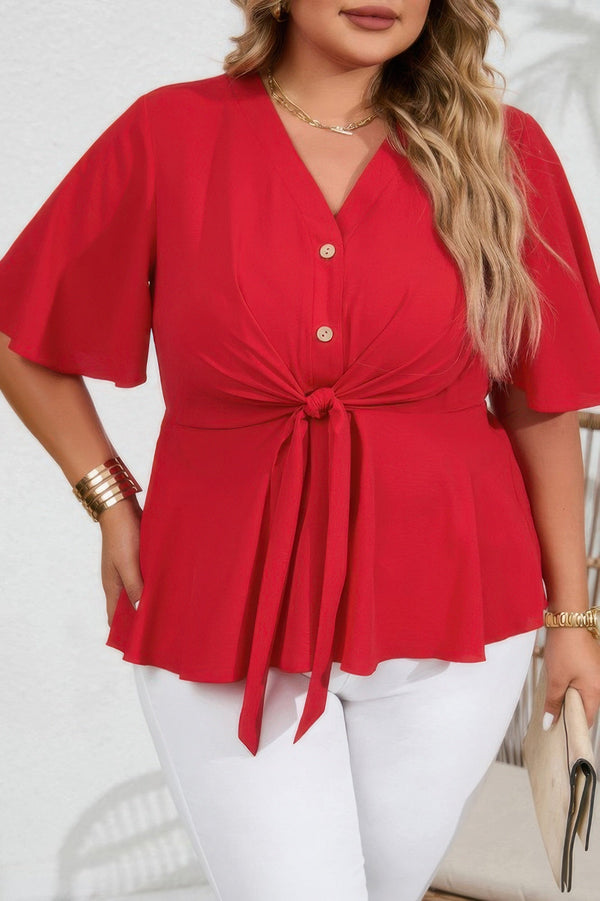 Plus Tie Front Half Button V Neck Solid Blouse - | SmartBuyApparel